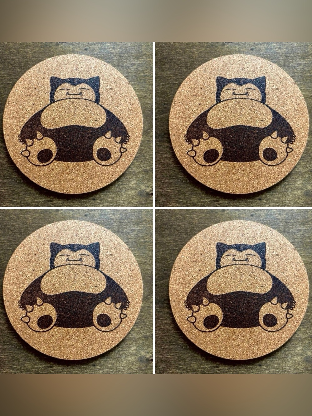 Snorlax Laser Engraved Cork Coasters Lot of 4